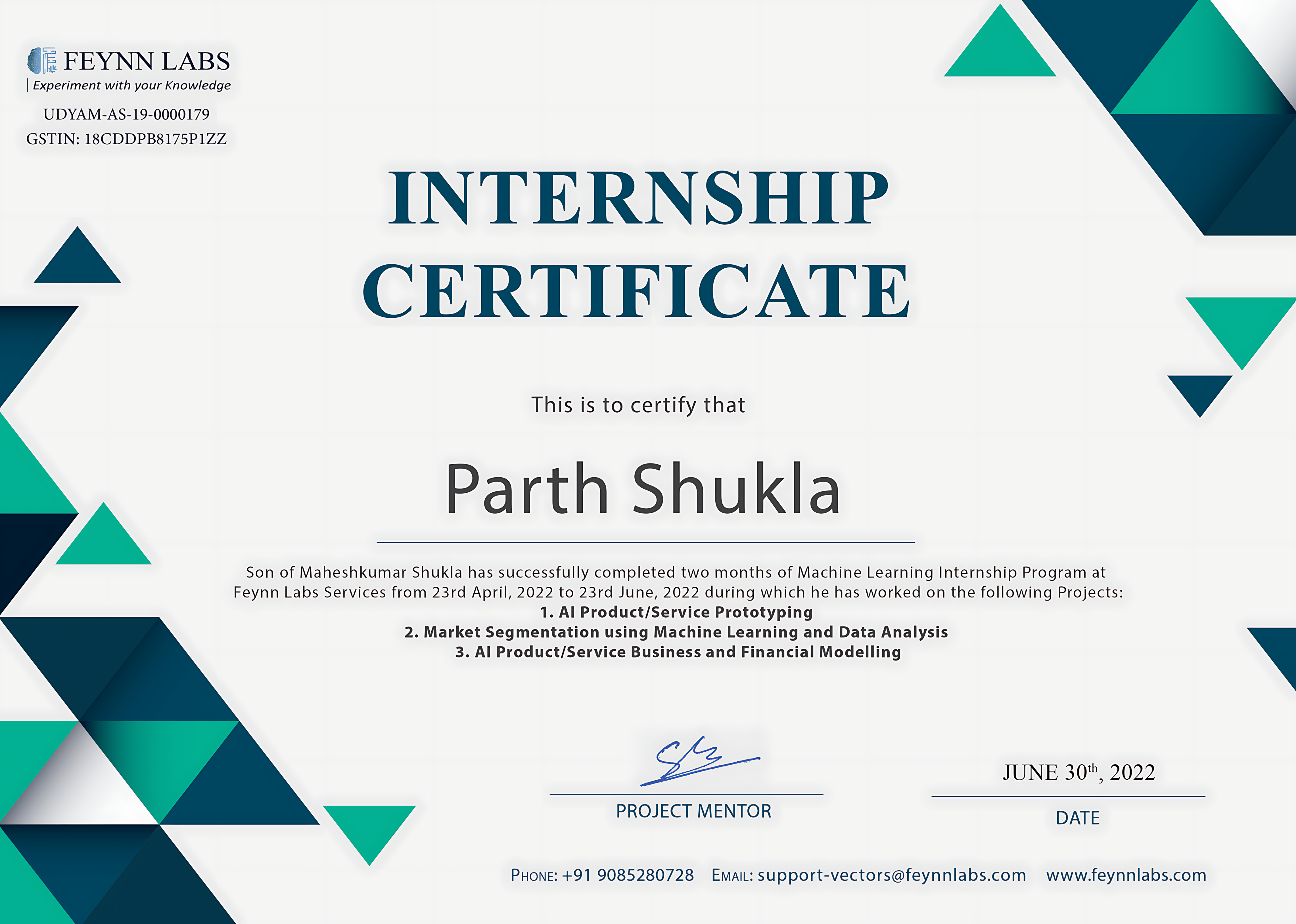 Feynn Labs Internship Certificates