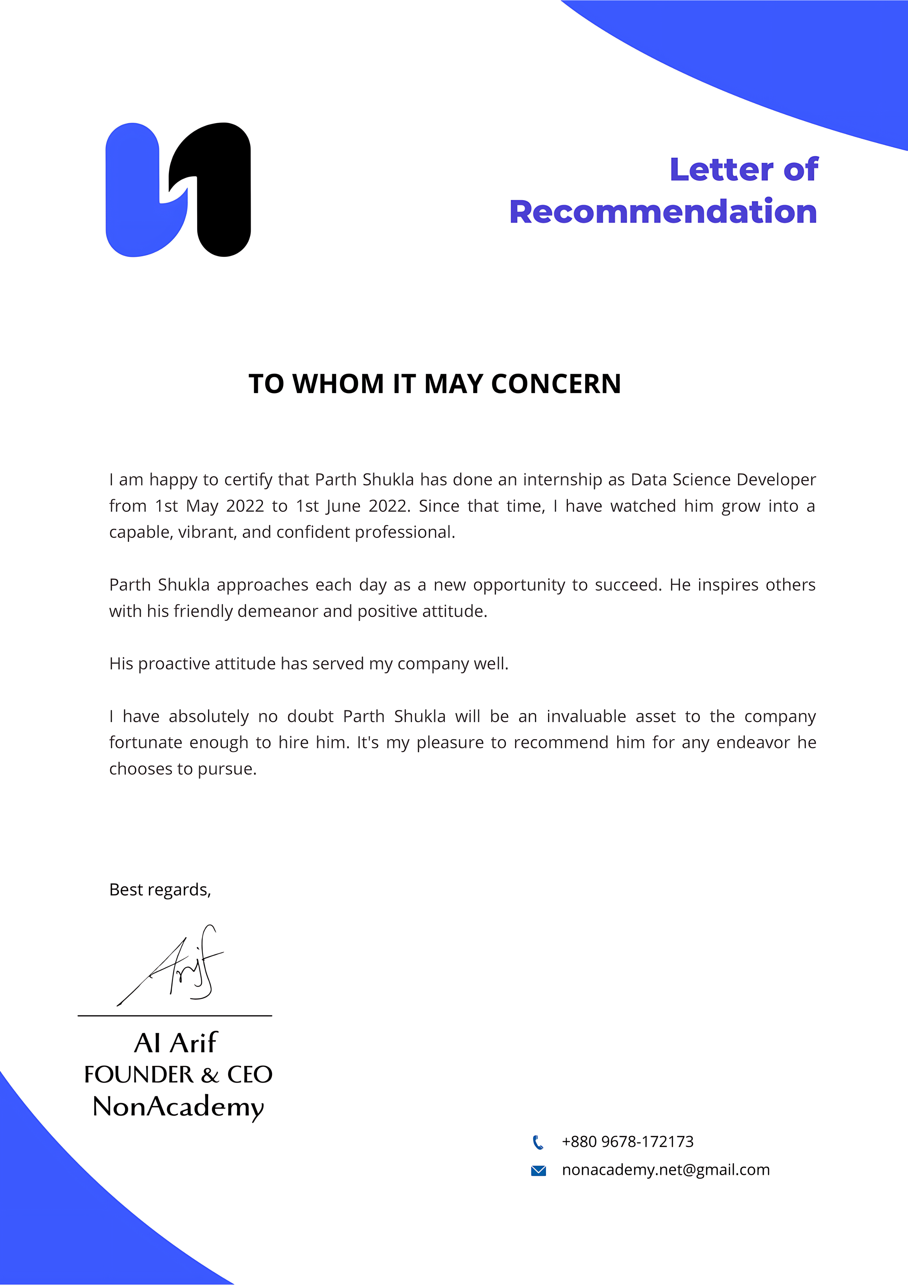 NonAcademy Letter of Recommendation