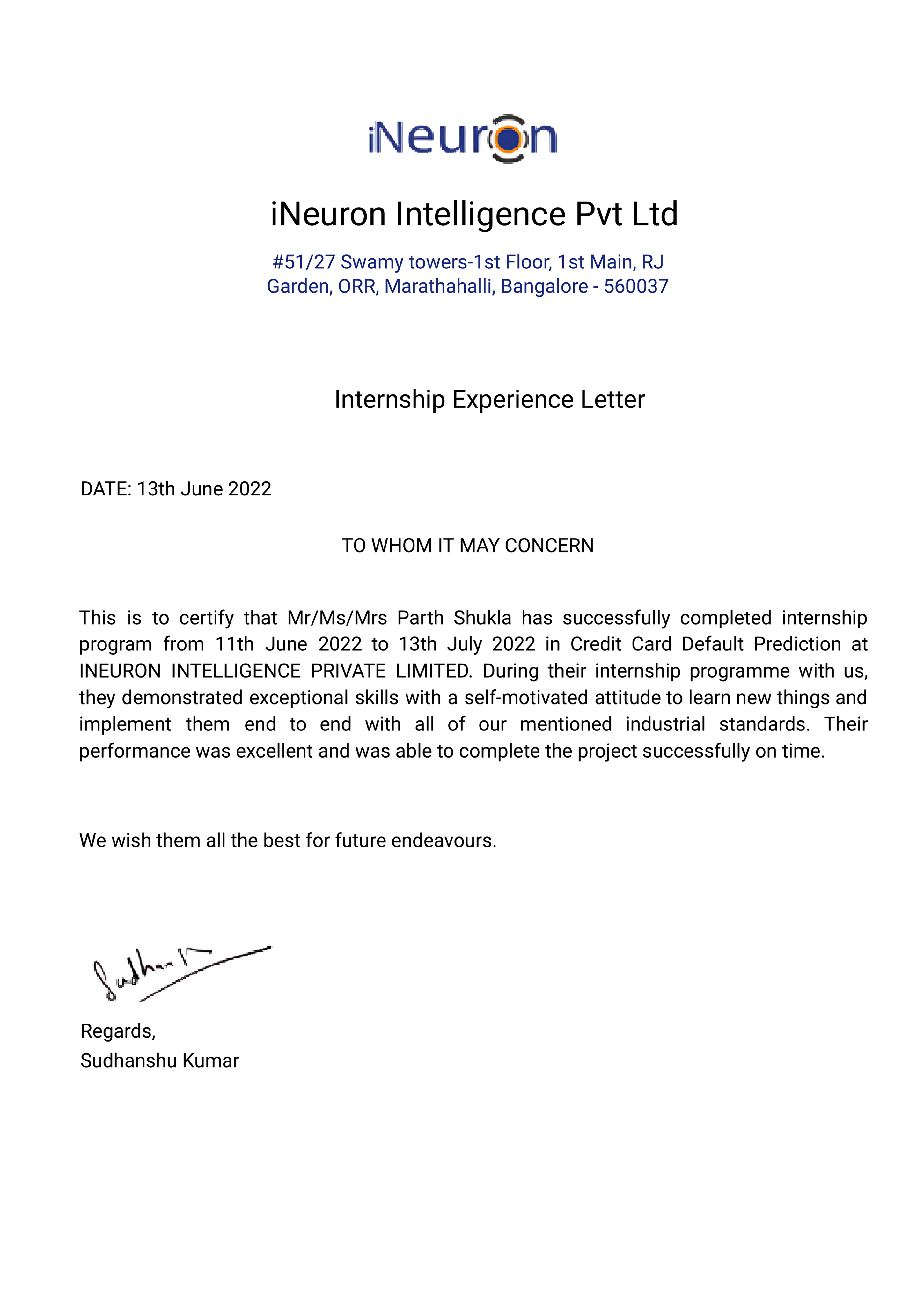 iNeuron Internship Certificate