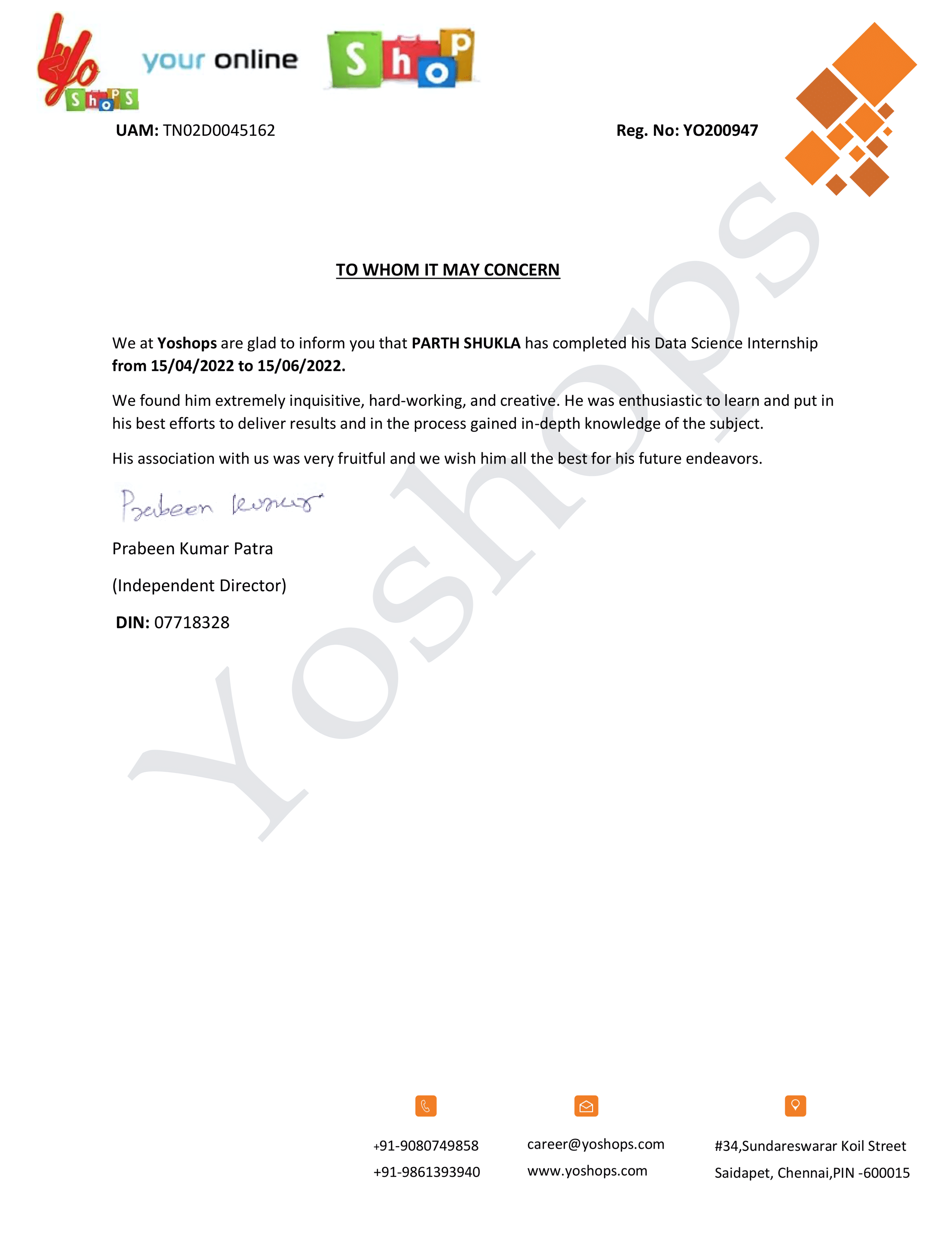 Yoshops Internship Certificates